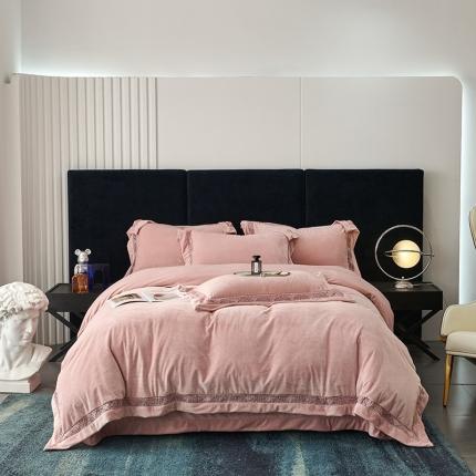 91家纺网 家纺一手货源 找家纺 时亿 2022新款A类高克重纯色婴儿绒牛奶绒四件套 心粉