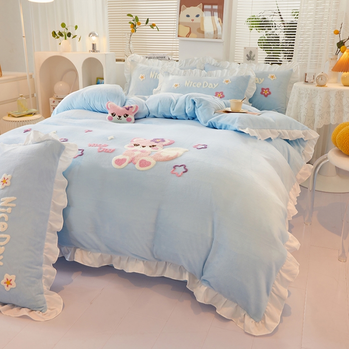 91家纺网 家纺一手货源 找家纺 泉欣 直播网红款牛奶绒卡通毛巾绣四件套雪宝宝系列雪宝宝-浅蓝