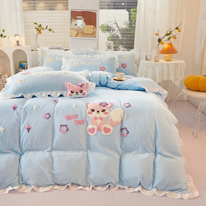 91家纺网 家纺一手货源 找家纺 泉欣 直播网红款牛奶绒卡通毛巾绣四件套雪宝宝系列雪宝宝-浅蓝