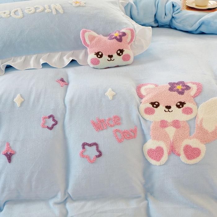 91家纺网 家纺一手货源 找家纺 泉欣 直播网红款牛奶绒卡通毛巾绣四件套雪宝宝系列雪宝宝-浅蓝