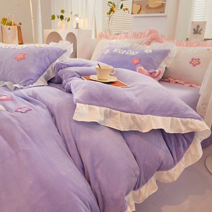 91家纺网 家纺一手货源 找家纺 泉欣直播网红款牛奶绒卡通毛巾绣四件套雪宝宝系列雪宝宝-香芋紫