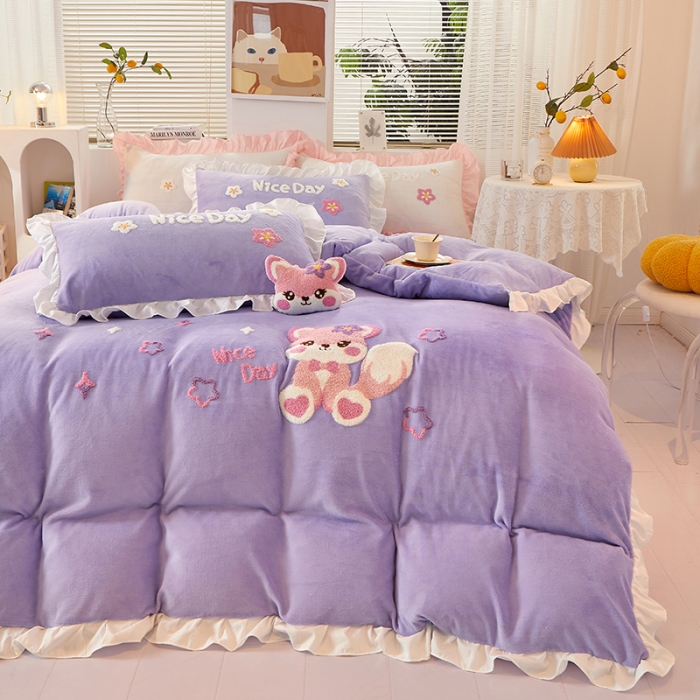 91家纺网 家纺一手货源 找家纺 泉欣直播网红款牛奶绒卡通毛巾绣四件套雪宝宝系列雪宝宝-香芋紫