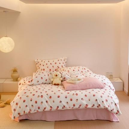 91家纺网 家纺一手货源 找家纺 时光里 2022新款230g正宗全消光印花牛奶绒四件套 小草莓（专版花型）