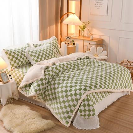 迷仙巢 2022新款牛奶绒床盖款四件套 绿白格