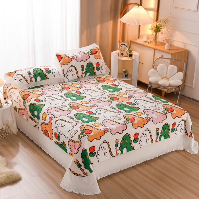 91家纺网 家纺一手货源 找家纺 迷仙巢 2022新款牛奶绒床盖款四件套 小恐龙