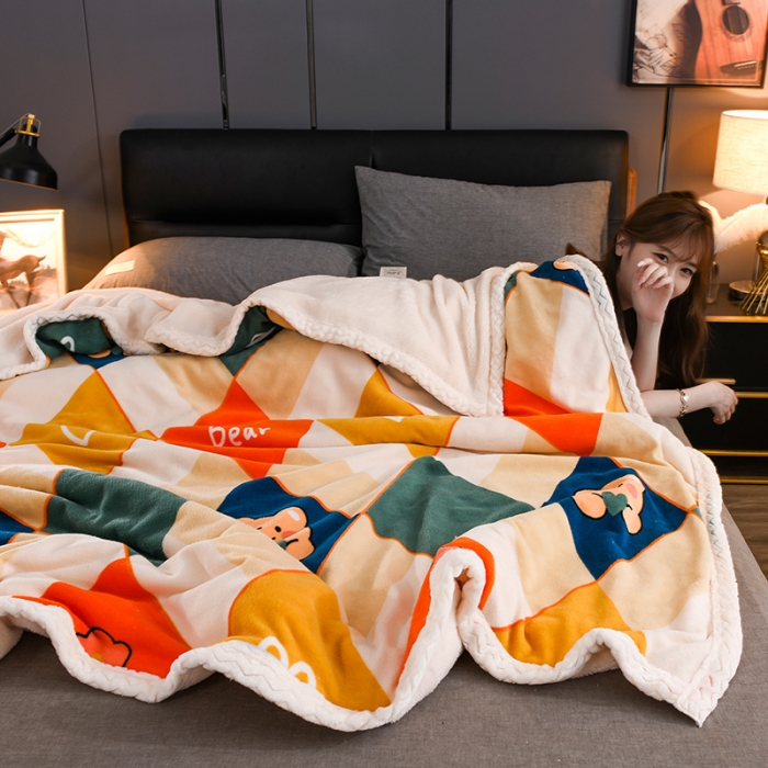 91家纺网 家纺一手货源 找家纺 迷仙巢 2022新款牛奶绒拼北极绒盖毯 格子熊