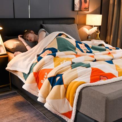 迷仙巢 2022新款牛奶绒拼北极绒盖毯 格子熊