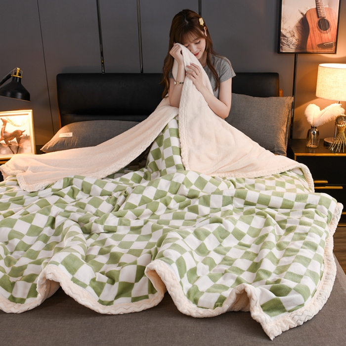 91家纺网 家纺一手货源 找家纺 迷仙巢 2022新款牛奶绒拼北极绒盖毯 绿白格