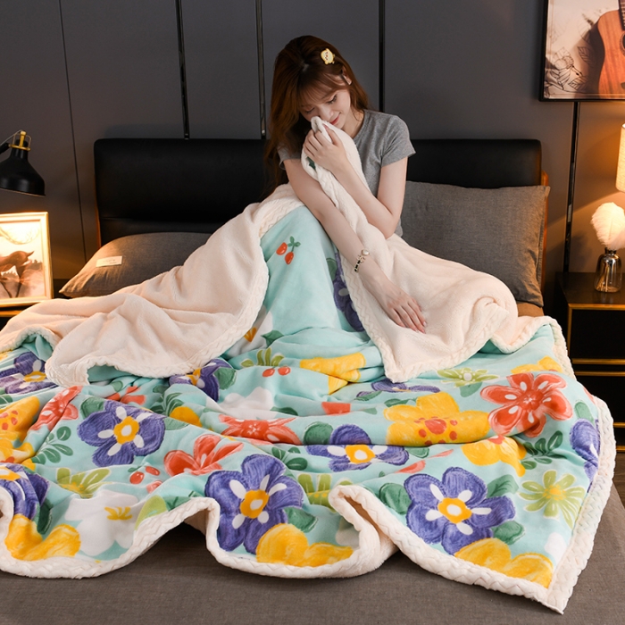 91家纺网 家纺一手货源 找家纺 迷仙巢 2022新款牛奶绒拼北极绒盖毯 向阳花开