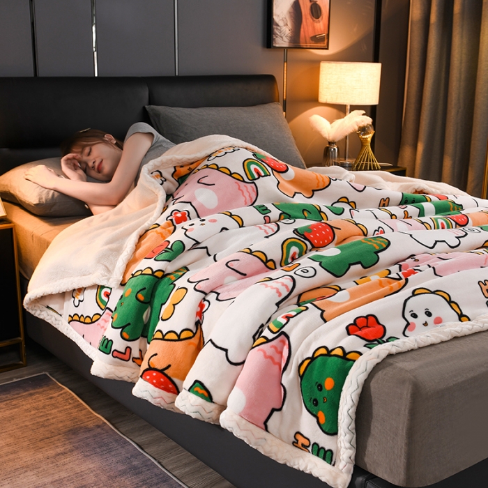 91家纺网 家纺一手货源 找家纺 迷仙巢 2022新款牛奶绒拼北极绒盖毯 小恐龙