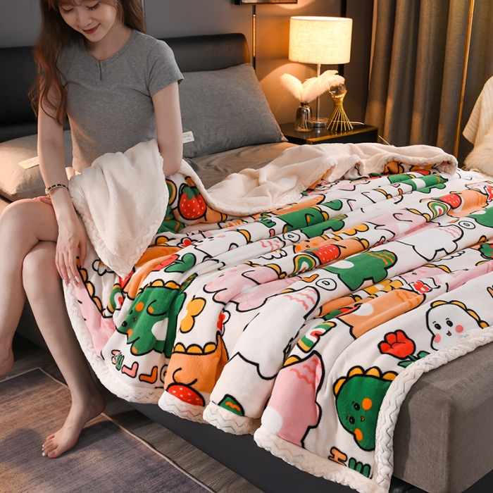 91家纺网 家纺一手货源 找家纺 迷仙巢 2022新款牛奶绒拼北极绒盖毯 小恐龙