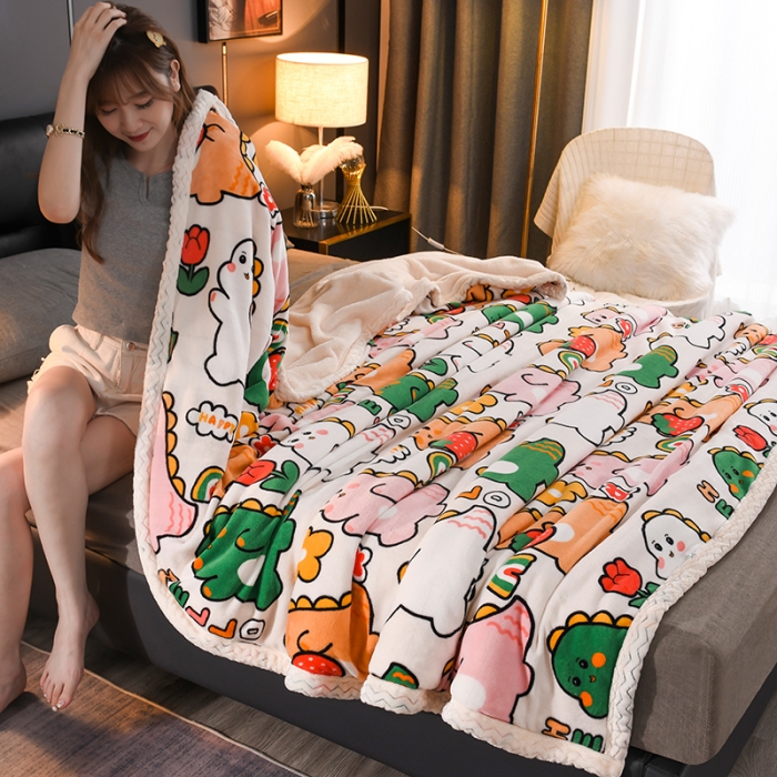 91家纺网 家纺一手货源 找家纺 迷仙巢 2022新款牛奶绒拼北极绒盖毯 小恐龙