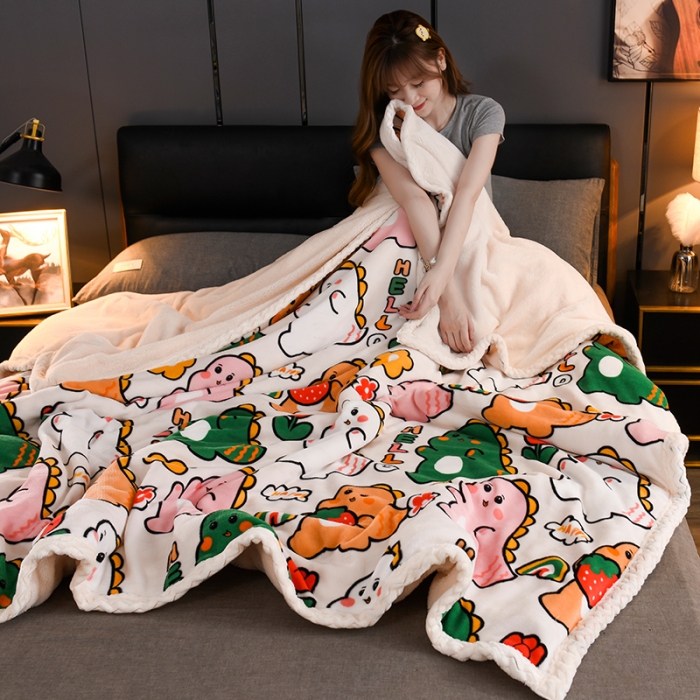 91家纺网 家纺一手货源 找家纺 迷仙巢 2022新款牛奶绒拼北极绒盖毯 小恐龙