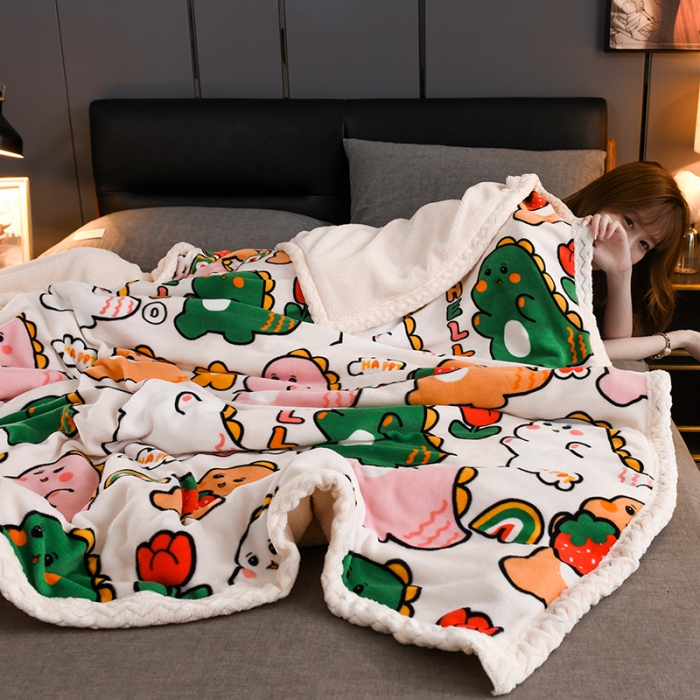 91家纺网 家纺一手货源 找家纺 迷仙巢 2022新款牛奶绒拼北极绒盖毯 小恐龙