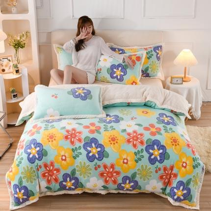 91家纺网 家纺一手货源 找家纺 （总）迷仙巢 2022新款牛奶绒拼北极绒贝贝绒包边四件套