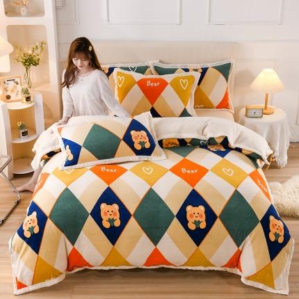 迷仙巢 2022新款牛奶绒拼北极绒贝贝绒包边四件套 格子熊