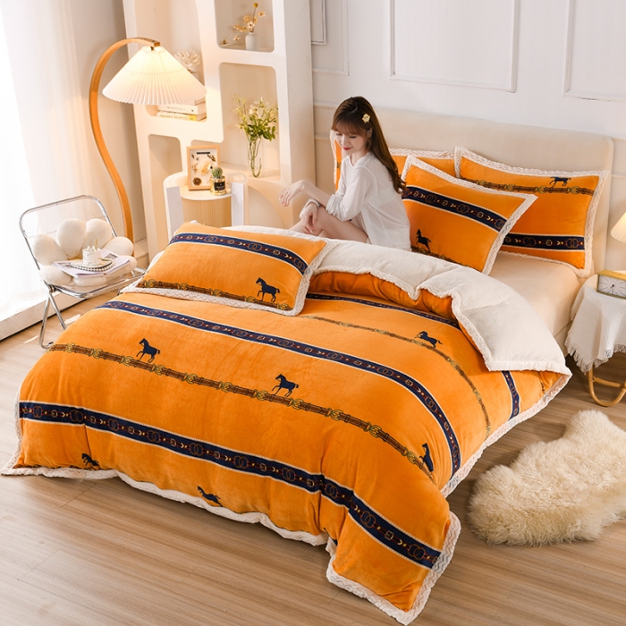 91家纺网 家纺一手货源 找家纺 迷仙巢 2022新款牛奶绒拼北极绒贝贝绒包边四件套 马到成功