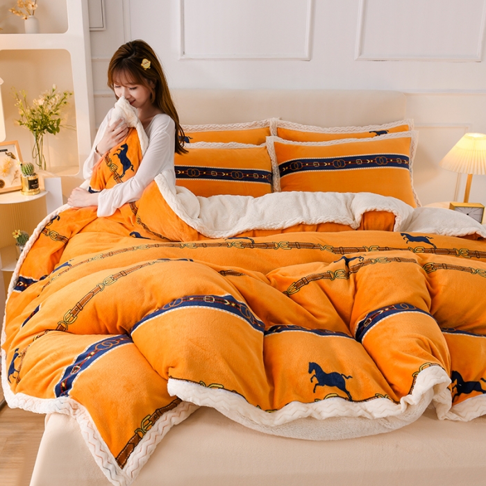 91家纺网 家纺一手货源 找家纺 迷仙巢 2022新款牛奶绒拼北极绒贝贝绒包边四件套 马到成功