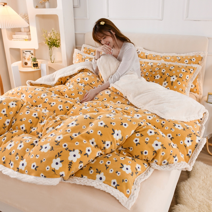 91家纺网 家纺一手货源 找家纺 迷仙巢 2022新款牛奶绒拼北极绒贝贝绒包边四件套 田园生活