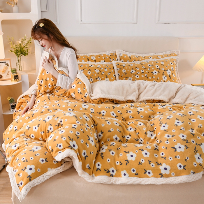 91家纺网 家纺一手货源 找家纺 迷仙巢 2022新款牛奶绒拼北极绒贝贝绒包边四件套 田园生活