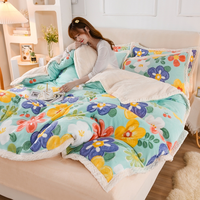 91家纺网 家纺一手货源 找家纺 迷仙巢 2022新款牛奶绒拼北极绒贝贝绒包边四件套 向阳花开