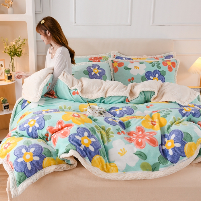 91家纺网 家纺一手货源 找家纺 迷仙巢 2022新款牛奶绒拼北极绒贝贝绒包边四件套 向阳花开