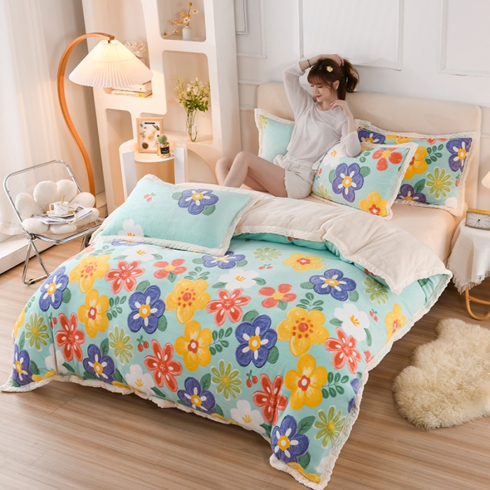 91家纺网 家纺一手货源 找家纺 迷仙巢 2022新款牛奶绒拼北极绒贝贝绒包边四件套 向阳花开