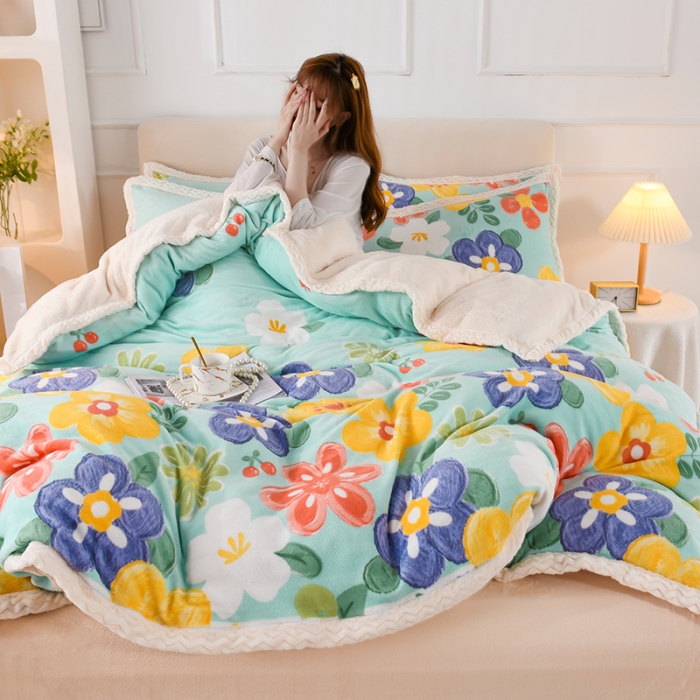 91家纺网 家纺一手货源 找家纺 迷仙巢 2022新款牛奶绒拼北极绒贝贝绒包边四件套 向阳花开