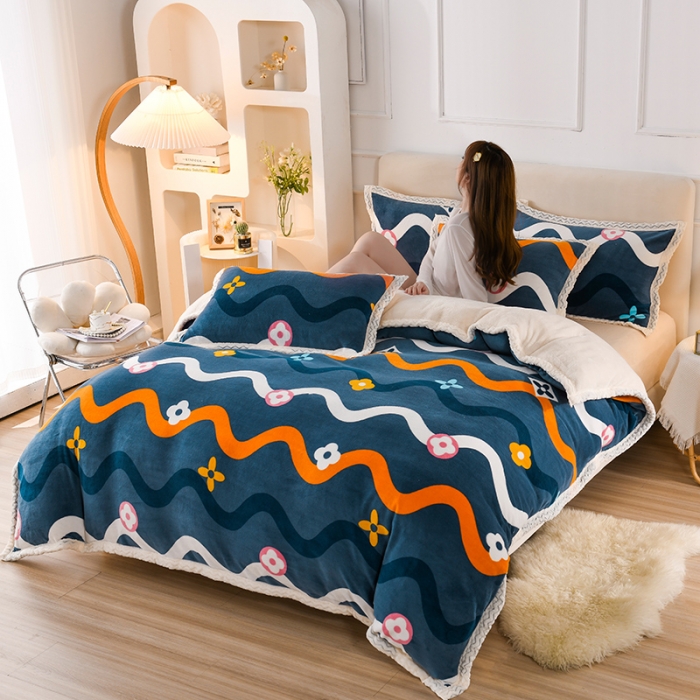 91家纺网 家纺一手货源 找家纺 迷仙巢 2022新款牛奶绒拼北极绒贝贝绒包边四件套 心动