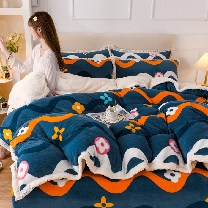 91家纺网 家纺一手货源 找家纺 迷仙巢 2022新款牛奶绒拼北极绒贝贝绒包边四件套 心动