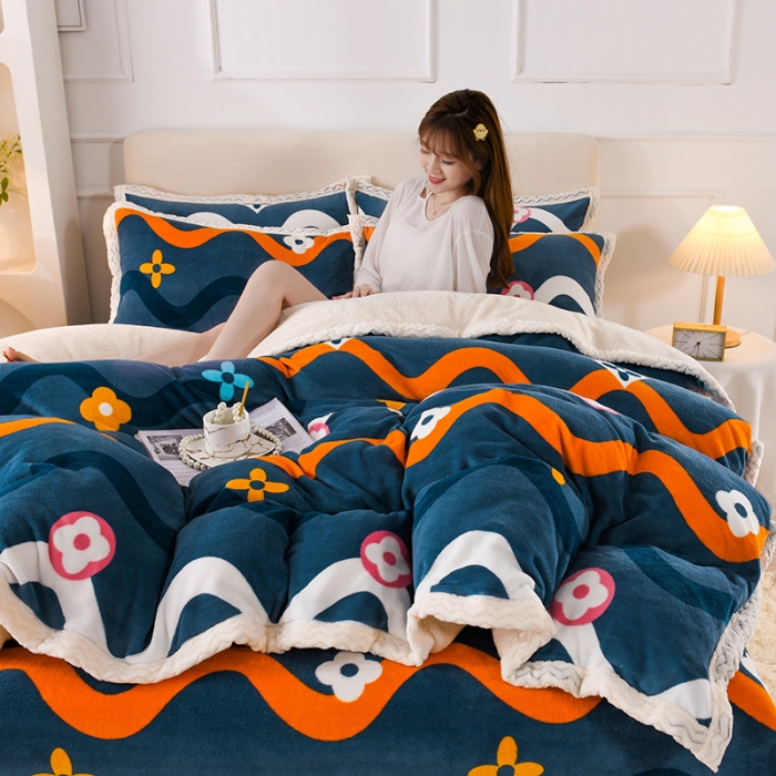 91家纺网 家纺一手货源 找家纺 迷仙巢 2022新款牛奶绒拼北极绒贝贝绒包边四件套 心动