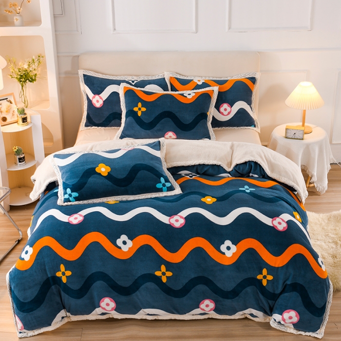 91家纺网 家纺一手货源 找家纺 迷仙巢 2022新款牛奶绒拼北极绒贝贝绒包边四件套 心动