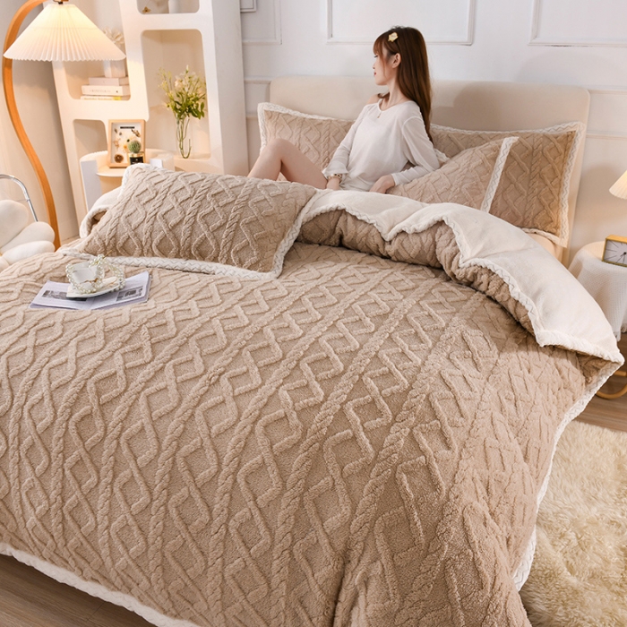 91家纺网 家纺一手货源 找家纺 （总）迷仙巢 2022新款塔夫绒拼北极绒贝贝绒包边四件套