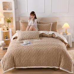 91家纺网 家纺一手货源 找家纺 （总）迷仙巢 2022新款塔夫绒拼北极绒贝贝绒包边四件套,卡其色,米白色,抹茶绿,柠檬黄,深空灰,香芋紫,樱花粉