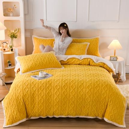 迷仙巢 2022新款塔夫绒拼北极绒贝贝绒包边四件套 柠檬黄