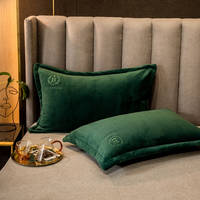 91家纺网 家纺一手货源 找家纺 丽美人 2022新款加厚保暖纯色简约牛奶绒系列单品枕套 松柏绿一只