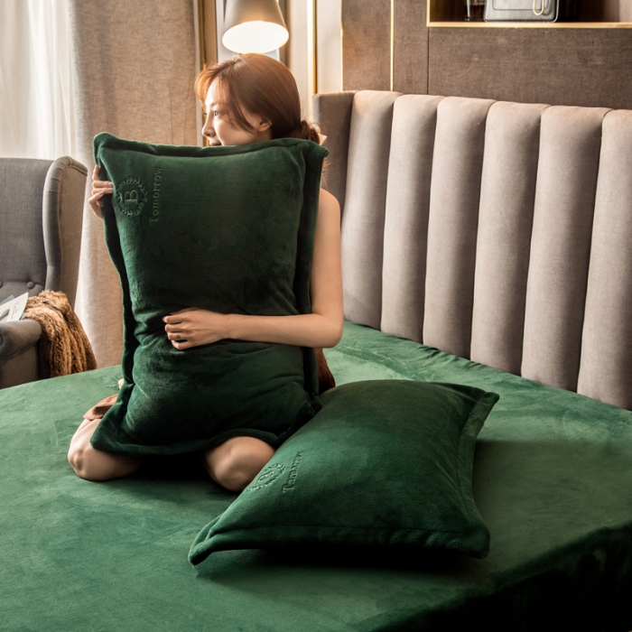 91家纺网 家纺一手货源 找家纺 丽美人 2022新款加厚保暖纯色简约牛奶绒系列单品枕套 松柏绿一只