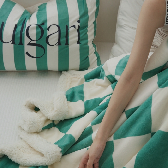 91家纺网 家纺一手货源 找家纺 圆岛家纺 2022秋冬新品牛奶绒羊羔绒毛毯 棋盘绿格