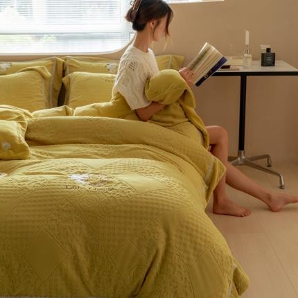 馨蕊 新款秋冬轻奢刺绣煦暖绒四件套-莫奈 (图二) 莫奈-氧气黄