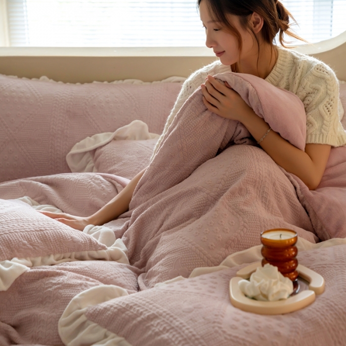 91家纺网 家纺一手货源 找家纺 馨蕊 2022新款秋冬轻奢雕花绒煦暖绒四件套-温妮 温妮-蔷薇粉