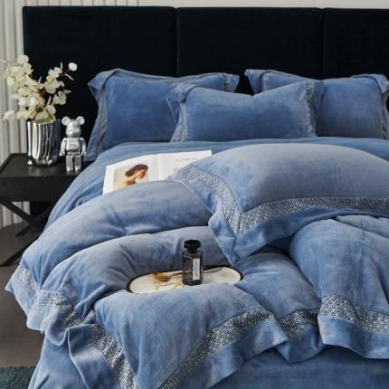 榻尚家居 2023新款公主绒刺绣贴边四件套 宝石蓝
