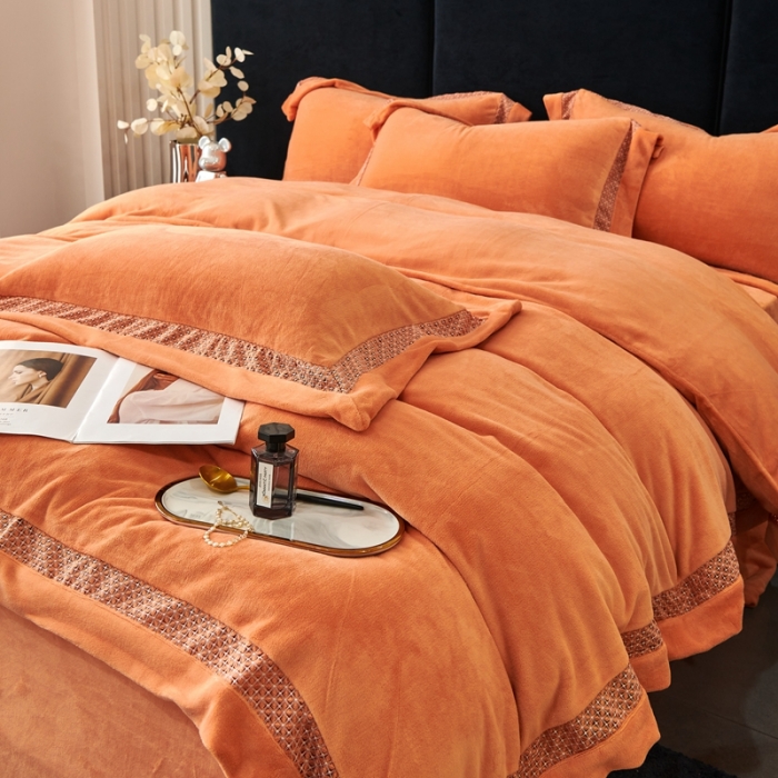 91家纺网 家纺一手货源 找家纺 榻尚家居 2023新款公主绒刺绣贴边四件套 暖橘色