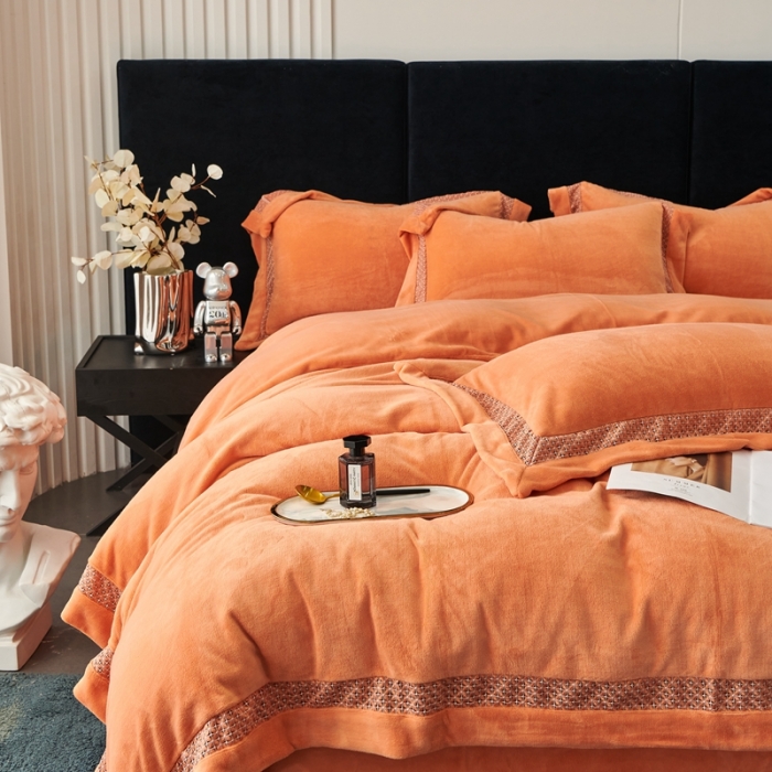 91家纺网 家纺一手货源 找家纺 榻尚家居 2023新款公主绒刺绣贴边四件套 暖橘色