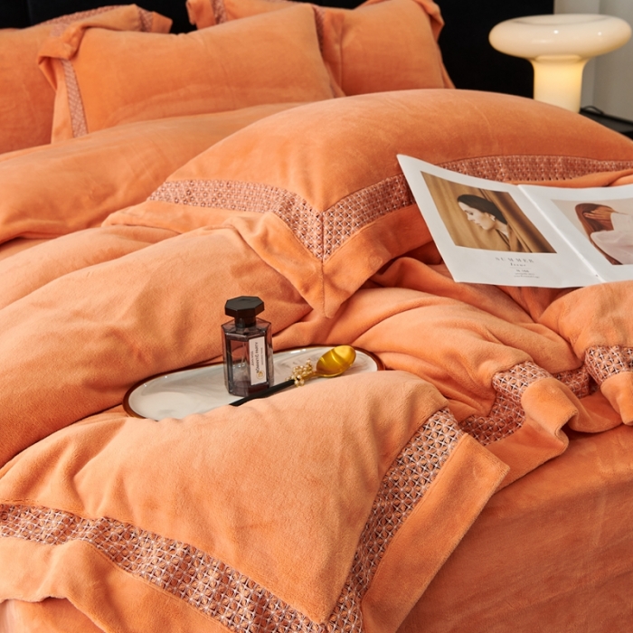 91家纺网 家纺一手货源 找家纺 榻尚家居 2023新款公主绒刺绣贴边四件套 暖橘色