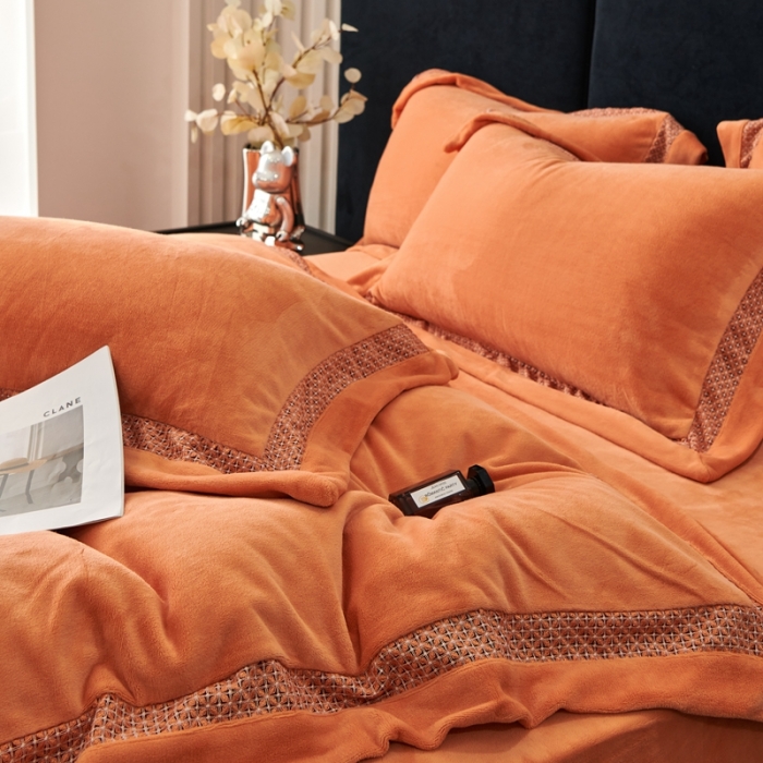 91家纺网 家纺一手货源 找家纺 榻尚家居 2023新款公主绒刺绣贴边四件套 暖橘色