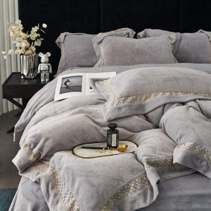 榻尚家居 2023新款公主绒刺绣贴边四件套 浅灰色