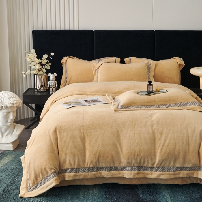 91家纺网 家纺一手货源 找家纺 榻尚家居 2023新款公主绒刺绣贴边四件套 香槟咖