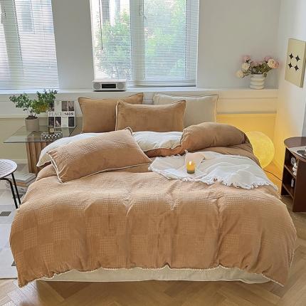 91家纺网 家纺一手货源 找家纺 桃子 新款A类华夫格千鸟格烂花三角贝壳边工艺加厚牛奶绒四件套 绒华夫格-爱橙