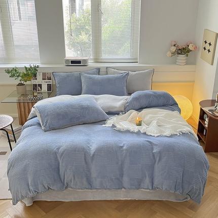 91家纺网 家纺一手货源 找家纺 桃子 新款A类华夫格千鸟格烂花加厚牛奶绒四件套 绒华夫格蓝灰