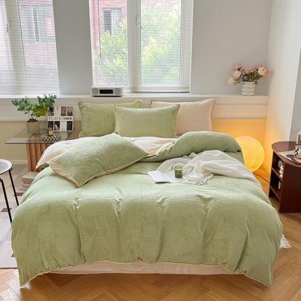 91家纺网 家纺一手货源 找家纺 桃子 新款A类华夫格千鸟格烂花三角贝壳边工艺加厚牛奶绒四件套 绒华夫格-绿黄